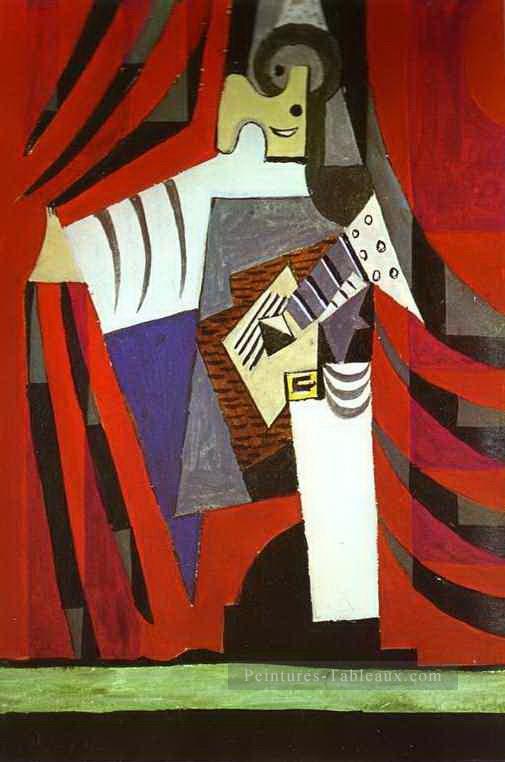 Polichinelle avec Guitare Avant le rideau de scène 1919 cubisme Pablo Picasso Peintures à l'huile